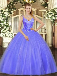 Lavender Tulle Lace Up 15 Quinceanera Dress Sleeveless Floor Length Beading