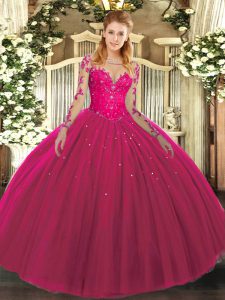 Traditional Hot Pink Ball Gowns Scoop Long Sleeves Tulle Floor Length Lace Up Lace Quince Ball Gowns