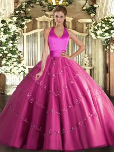 Modern Hot Pink Sleeveless Appliques Floor Length Sweet 16 Dress