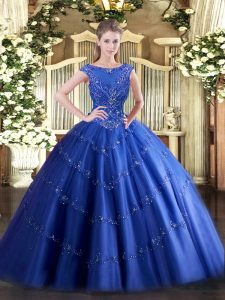 Blue Scoop Neckline Beading and Appliques Sweet 16 Quinceanera Dress Sleeveless Zipper