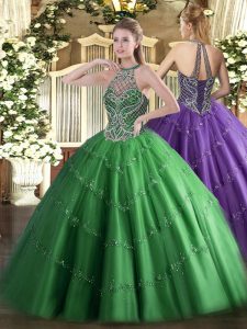 Ideal Tulle Halter Top Sleeveless Lace Up Beading Quinceanera Gowns in Green
