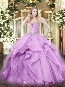 Sleeveless Tulle Floor Length Lace Up Quinceanera Dresses in Lavender with Beading and Ruffles