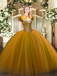Cute Brown Lace Up Sweetheart Beading Ball Gown Prom Dress Tulle Sleeveless