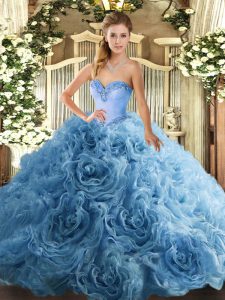Eye-catching Aqua Blue Ball Gowns Sweetheart Sleeveless Fabric With Rolling Flowers Floor Length Lace Up Beading Quinceanera Dress