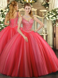 Floor Length Coral Red Quinceanera Dresses Tulle Sleeveless Beading