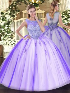 High Class Lavender Scoop Neckline Beading and Appliques 15th Birthday Dress Sleeveless Zipper