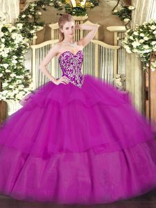 Popular Floor Length Fuchsia Quinceanera Gown Sweetheart Sleeveless Lace Up