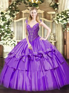 Lavender Ball Gowns Organza and Taffeta V-neck Sleeveless Beading and Ruffled Layers Floor Length Lace Up 15th Birthday Dress