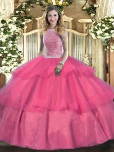Free and Easy Hot Pink Sleeveless Floor Length Beading and Ruffled Layers Lace Up Vestidos de Quinceanera