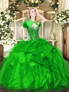 Green Ball Gowns Beading and Ruffles Quinceanera Gown Lace Up Organza Sleeveless Floor Length