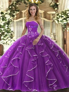 Tulle Strapless Sleeveless Lace Up Beading and Ruffles Vestidos de Quinceanera in Purple