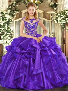 Purple Cap Sleeves Floor Length Beading and Ruffles Lace Up Quinceanera Gown