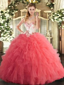 Sleeveless Floor Length Beading and Ruffles Lace Up Sweet 16 Dress with Watermelon Red