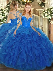 Blue Ball Gowns Tulle Scoop Long Sleeves Lace and Ruffles Floor Length Lace Up Ball Gown Prom Dress