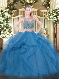 Vintage Blue Sleeveless Beading and Ruffles Floor Length Quinceanera Gowns