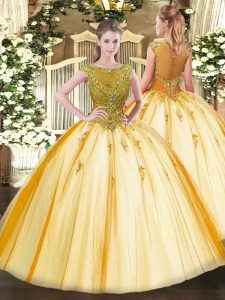 Gold Ball Gowns Tulle Scoop Cap Sleeves Beading Floor Length Lace Up Quinceanera Dress