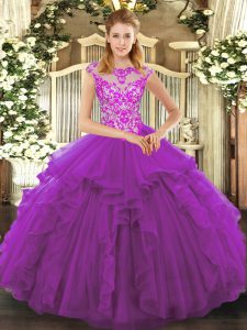 Sumptuous Purple Lace Up Scoop Beading and Ruffles Quinceanera Dresses Organza Cap Sleeves
