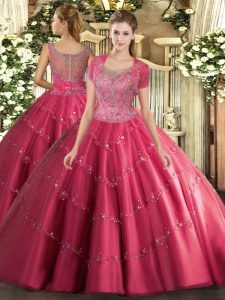 Decent Scoop Sleeveless Quinceanera Dress Floor Length Beading and Appliques Hot Pink Tulle