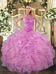 Elegant Halter Top Sleeveless Lace Up 15th Birthday Dress Lilac Organza