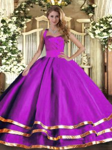 Deluxe Purple Ball Gowns Tulle Halter Top Sleeveless Ruffled Layers Floor Length Lace Up Vestidos de Quinceanera