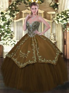 Brown Taffeta and Tulle Lace Up Sweetheart Sleeveless Floor Length Quinceanera Dress Beading and Embroidery