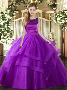 Eggplant Purple Lace Up Quinceanera Gown Ruffled Layers Sleeveless Floor Length