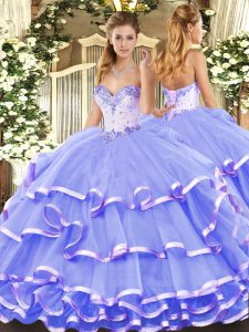 Eye-catching Lavender Ball Gowns Sweetheart Sleeveless Organza Floor Length Lace Up Beading and Ruffled Layers 15th Birthday Dress