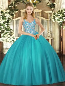 Dynamic Floor Length Teal Ball Gown Prom Dress Straps Sleeveless Lace Up