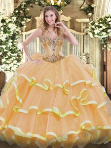 Flare Sleeveless Floor Length Beading and Ruffles Lace Up Quinceanera Gowns with Gold