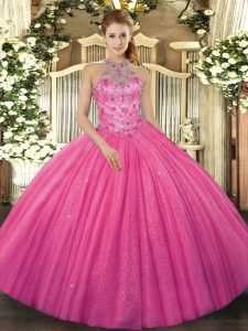 Hot Pink Tulle Lace Up Halter Top Sleeveless Floor Length Quinceanera Gowns Beading and Embroidery
