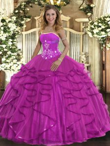 Strapless Sleeveless Tulle Ball Gown Prom Dress Beading and Ruffles Lace Up