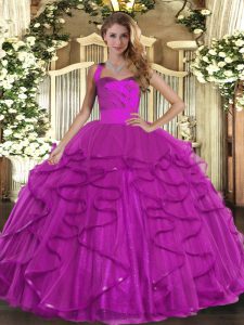 Charming Floor Length Lace Up Quinceanera Dress Fuchsia for Military Ball and Sweet 16 and Quinceanera with Ruffles
