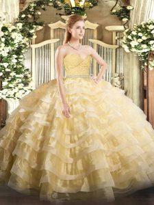 Gold Ball Gowns Tulle Sweetheart Sleeveless Beading and Lace and Ruffled Layers Floor Length Zipper Ball Gown Prom Dress