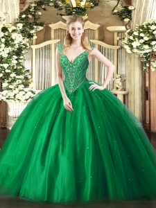 Classical V-neck Sleeveless Lace Up Quinceanera Gowns Green Tulle