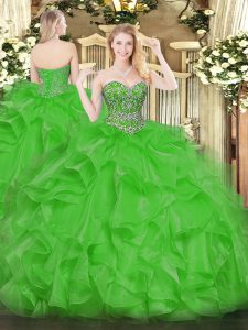 Green Organza Lace Up Sweet 16 Quinceanera Dress Sleeveless Floor Length Beading and Ruffles