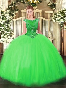 Custom Fit Green Ball Gowns Tulle Scoop Sleeveless Beading Floor Length Zipper Sweet 16 Dress