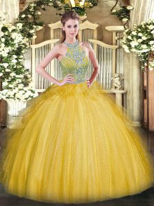 Floor Length Gold Sweet 16 Dresses Halter Top Sleeveless Lace Up