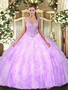 Fitting Lilac Straps Neckline Beading and Ruffles 15th Birthday Dress Sleeveless Lace Up