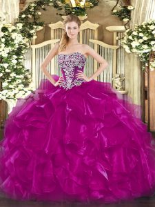 Strapless Sleeveless Organza Quinceanera Gowns Beading and Ruffles Lace Up