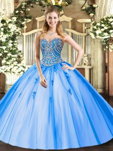 Blue Sleeveless Beading and Appliques Floor Length Sweet 16 Dresses