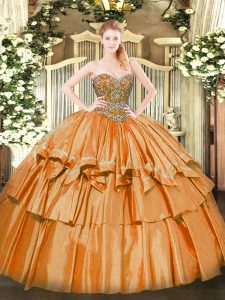 Sophisticated Orange Organza Lace Up Quinceanera Dresses Sleeveless Floor Length Beading and Ruffled Layers