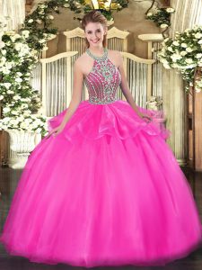 Floor Length Lace Up Quinceanera Gown Hot Pink for Military Ball and Sweet 16 and Quinceanera with Beading and Ruffles