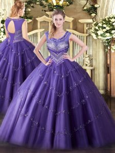 Latest Sleeveless Floor Length Beading and Appliques Lace Up Sweet 16 Dresses with Purple