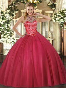 Perfect Halter Top Sleeveless Satin Ball Gown Prom Dress Beading Lace Up