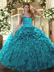 Perfect Teal Sleeveless Floor Length Ruffles Lace Up Sweet 16 Dresses