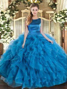 Superior Scoop Sleeveless Lace Up Sweet 16 Quinceanera Dress Teal Tulle