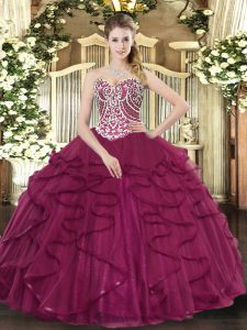 Edgy Floor Length Burgundy 15 Quinceanera Dress Sweetheart Sleeveless Lace Up