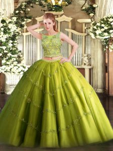Fantastic Tulle Scoop Sleeveless Lace Up Beading and Appliques Quinceanera Gowns in Olive Green