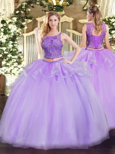 Floor Length Lavender Sweet 16 Dress Scoop Sleeveless Lace Up