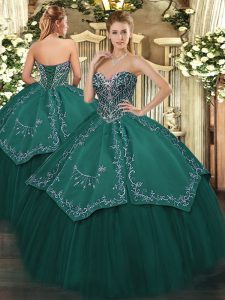 Free and Easy Beading and Embroidery Quince Ball Gowns Dark Green Lace Up Sleeveless Floor Length